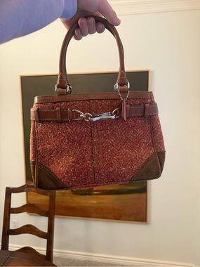 Coach Red Tweed and Brown Leather Top-Handle Satchel